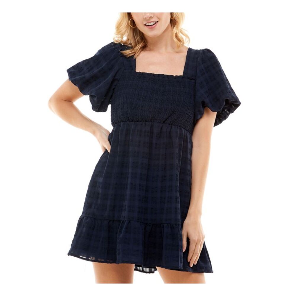 CRYSTAL DOLLS Womens Short Dress Navy Pouf Sleeve Skirt Lined Juniors M